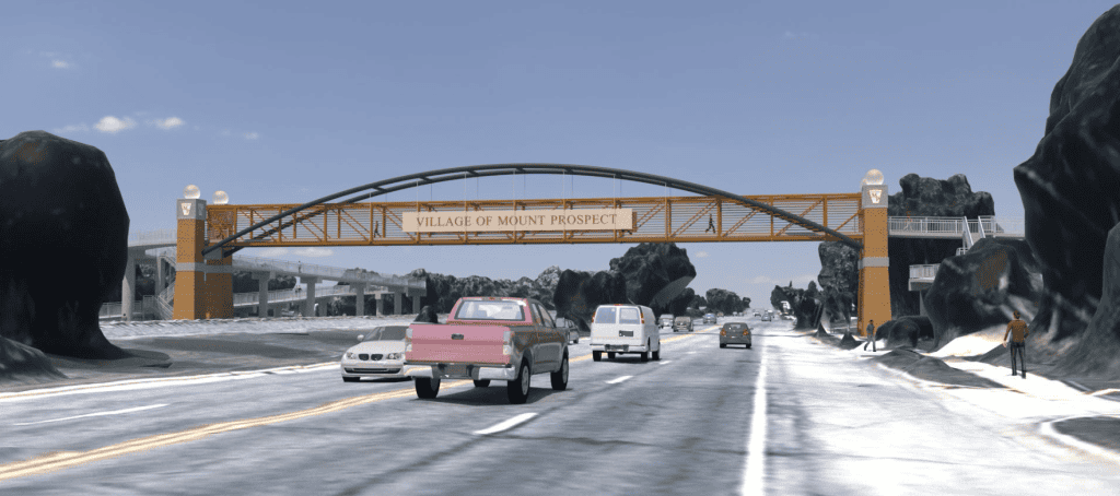 A drawing shows a bike-pedestrian bridge over a four-lane road with autos on it.